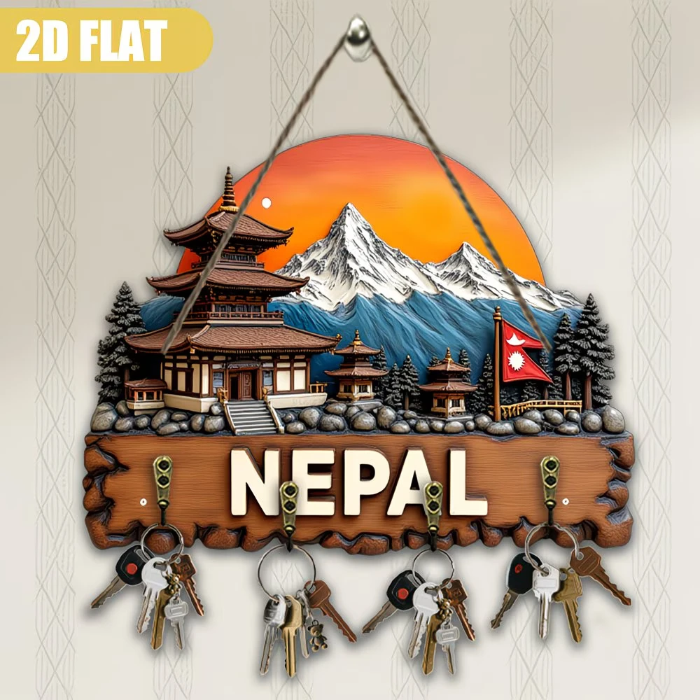 Large Nepalese-Themed Wall-Mounted Key Holder - Wood Regenerated Wood Key Rack with Himalayan Temple Scene & Nepal Flag - Rustic Nepali Cultural Decor Suitable for Home, Porch or Door - Multifunctional Key Organizer, 2D Flat